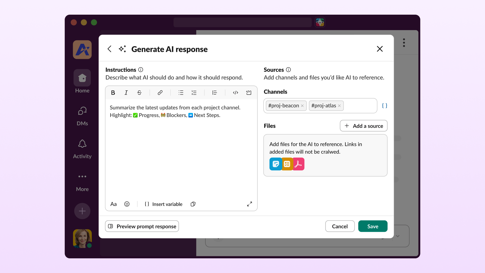 Slack's Generate AI response step configuration with an Instructions rich-text field reading 'Summarize the latest updates from each project channel', Sources listing channels #proj-beacon and #proj-atlas plus files, and a Preview prompt response button