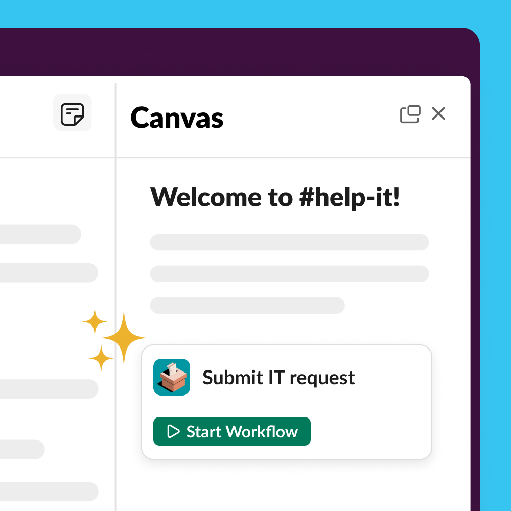 A Slack canvas titled 'Welcome to #help-it!' with an embedded 'Submit IT request' workflow card and a green Start Workflow button